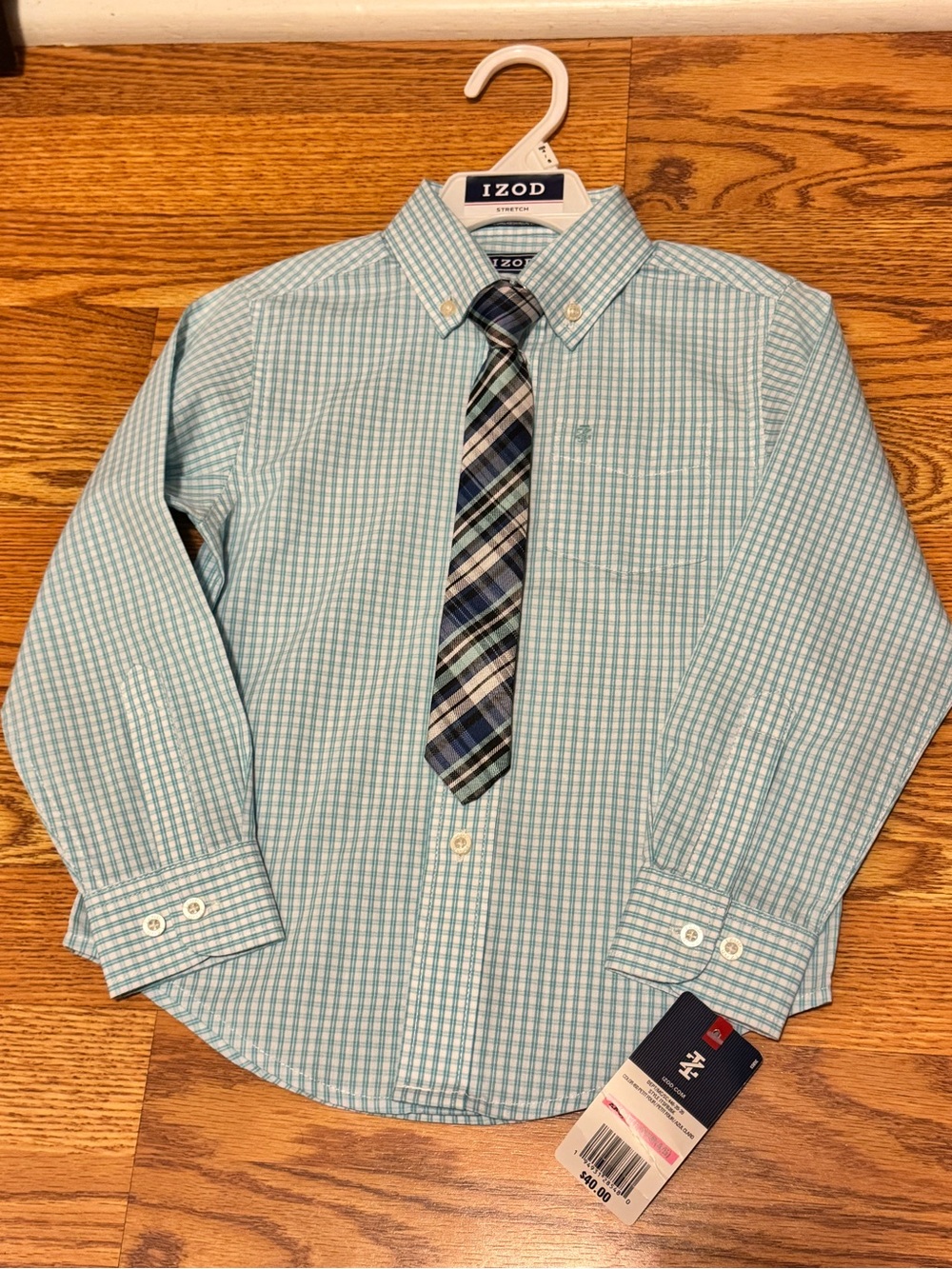 Izod Boys' Aqua and White Gingham Button-Down Shirt with Plaid Tie